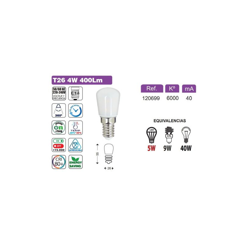 LAMPARAS LED REF 120699 T26 E14 4W LUZFRIA 6000K LAMPARAS LED REF 120699 T26 E14 4W LUZFRIA 6000K